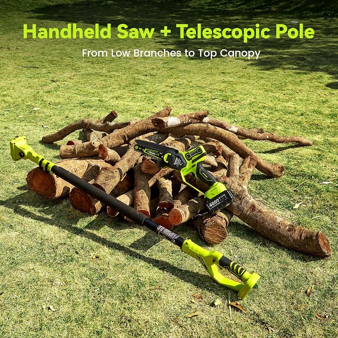 Electric Pole Saws for Tree Trimming, 8 Inch & 6 Inch Mini Chainsaw Cordless with Extension Pole, 16Ft Reach, 2x4.0Ah Battery, Auto Oiling, Tool-Free Chain Tensioning, Tree Trimmer for Branch Limb Cut