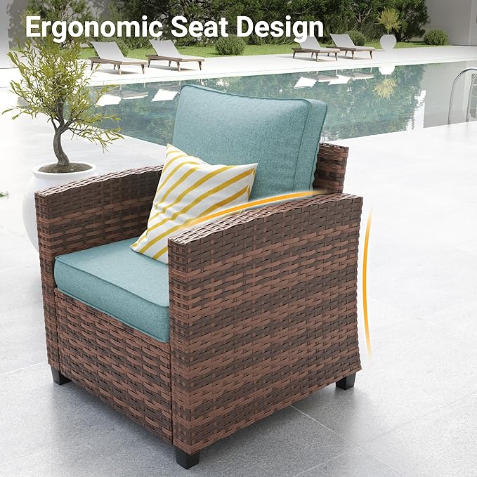 Patio Furniture Set, 5 Pieces Outdoor Sectional Couch with Chairs, Ottomans and Thick Cushions, All Weather Wicker Rattan Patio Conversation Set, Light Blue