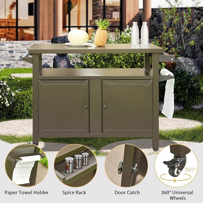 Metal Outdoor Storage Box and Grill Prep Cart with Wheels, 83 Gallon Deck Box for Patio Organization and BBQ Tool Storage, Lockable Cabinet for Garden Supplies, Brown, 51.67 x 20.31 x 35.51 Inches