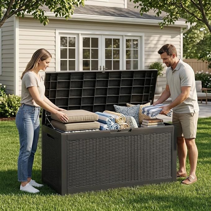 ROJIK 120 Gallon Waterproof Outdoor Deck Storage Box, Lockable Resin Patio Storage Bin with Lid for Garden Tools, Patio Cushions & Outdoor Accessories(Black)