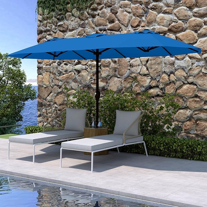 15FT Double Sided Patio Umbrella with Base Included Large Outdoor Market Umbrella with Crank Handle, UV Resistant Canopy, Sturdy Frame for Garden, Poolside, Deck, Royal Blue