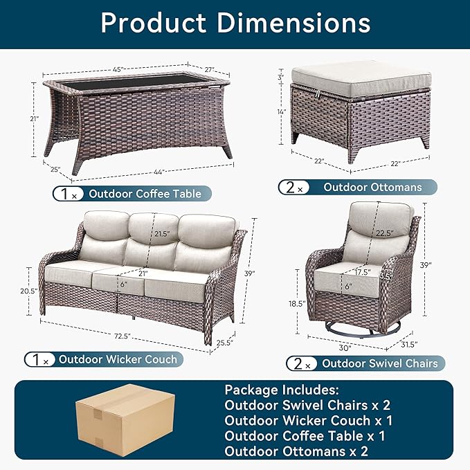Luxury 6 Pieces Outdoor Patio Furniture Set-All Weather Wicker Outdoor Furniture with Swivel Rocker Patio Chairs 6-inch Extra Thick Cushions Wicker Conversation Set for Garden Porch(Brown/Beige)