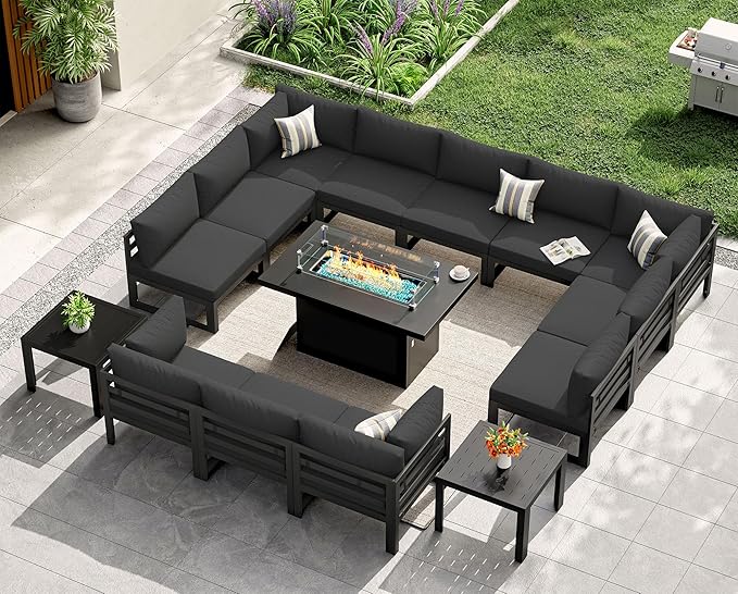 NICESOUL 12 Seat Large Aluminum Patio Conversation Set with Firepit & Side Table, 29" Deep Wide Seating, Modular Sectional Couch, 500 lbs Heavy Duty All Weather Outdoor Sofa for Backyard Deck, Black