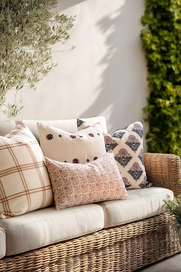 Crumbs Home Modern Farmhouse California Casual Indoor Outdoor Lumbar Pillow Cover, 12"x20" Water Repellent for Patio, Backyard, Couch, Poolside, Dark Rose Print Floral and Leaves Geometric