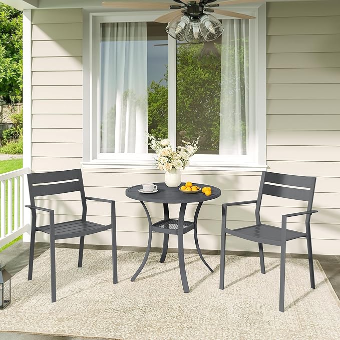 VICLLAX Patio 3 Pieces Outdoor Bistro Table Set, Wrought Iron Metal Furniture with 28" Round Table and 2 Stackable Chairs, Patio Dining Set for Patio, Lawn, Garden, Porch, Dark Grey/Grey