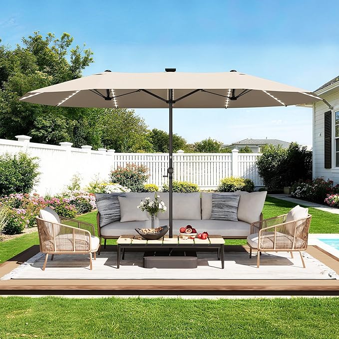 GDPFN 15ft Rectangular Patio Umbrella with Solar LED Lights, Double-Sided Outdoor Market Umbrella with Base Included, Extra Large Shade for Pool, Deck, Backyard, Garden, Beige