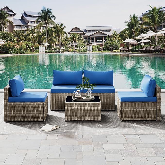 5 Piece Patio Furniture Set, Outdoor Wicker Patio Sofa Set, PE Rattan Sectional Couch with Glass Table and Blue Cushions, All-Weather 5 Piece Outdoor Patio Furniture Sets, Grey