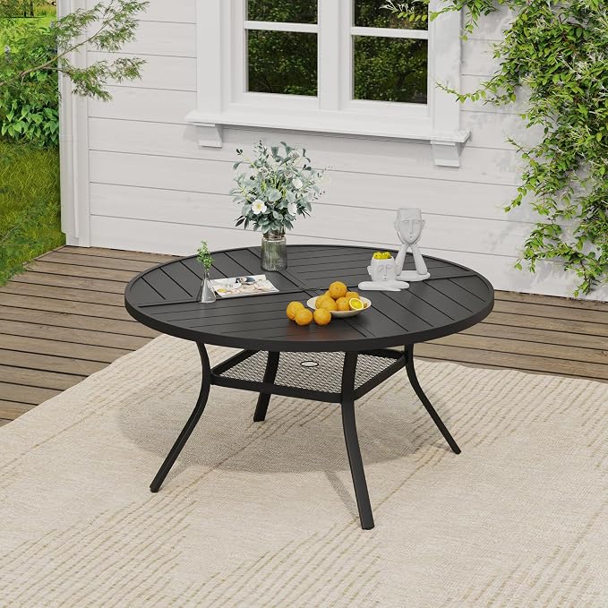 VICLLAX Round Outdoor Patio Dining Set for 6, Metal Slatted Patio Table with Umbrella Hole and 6 Stackable Patio Chairs for Deck Lawn Garden, Brown Fabric and Black Tabletop