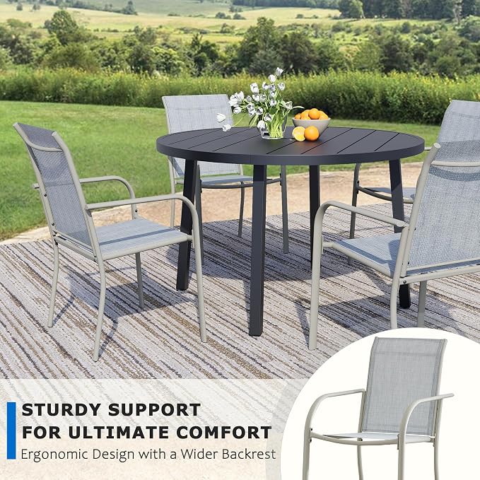 9-Piece Patio Furniture Set, Black Round Patio Table and Beige Chairs Set of 8, Outdoor Dining Set with Umbrella Hole for Garden, Yard, Patio