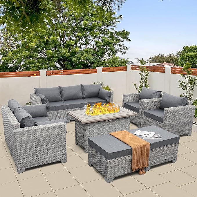 WAROOM Patio Furniture Set 7 Piece Grey Wicker Outdoor Conversation Sets PE Rattan Sectional Sofa with Propane Fire Pit Table and Anti-Slip Grey Cushion