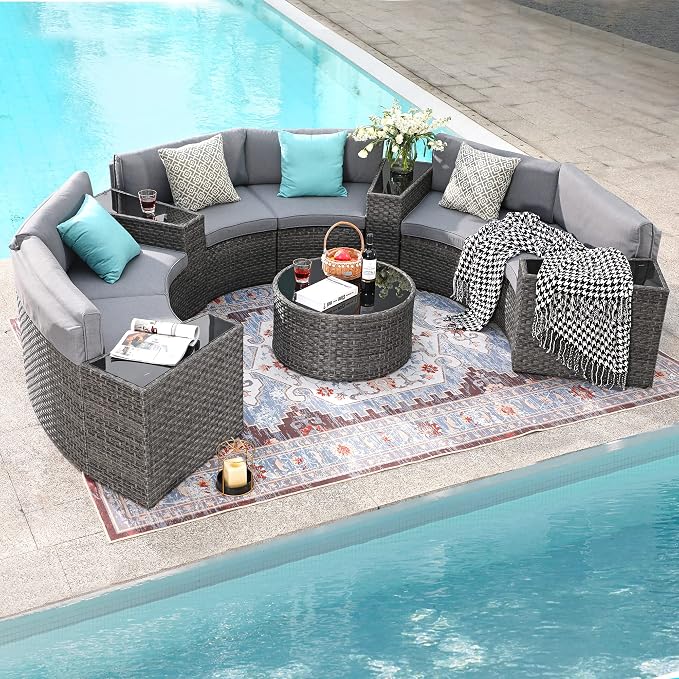 SUNSITT Outdoor Patio Furniture 11-Piece Half-Moon Sectional Round Set Curved Sofa with Tempered Glass Coffee Table, 4 Pillows, Grey Rattan