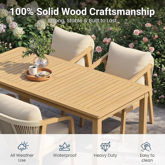Wisteria Lane 6 Pieces Acacia Patio Dining Set for 6, Patio Dining Table and Chairs Set with Cushion, Modern Outdoor Dining Furniture Set for Garden Lawn Deck Backyard, Beige