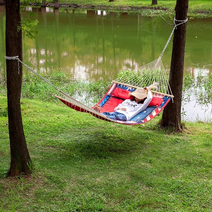 Backyard Expressions Reversible Quilted Hammock - Single or Double Hammock for Outdoor Relaxation with Matching Pillow, Flag Patchwork