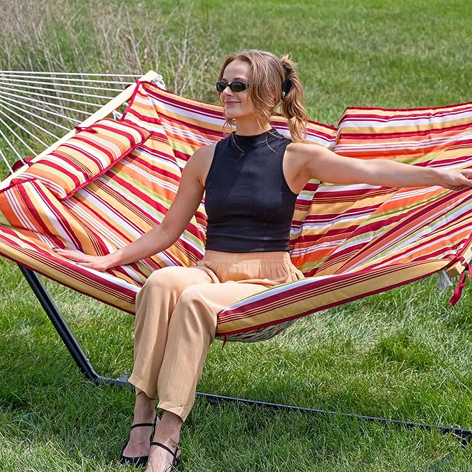 Sunnydaze Rope Hammock with Stand for Outside- 275-Pound Capacity - Includes 12-Foot Hammock Stand, Spreader Bar, Pad, and Pillow - Tropical Orange