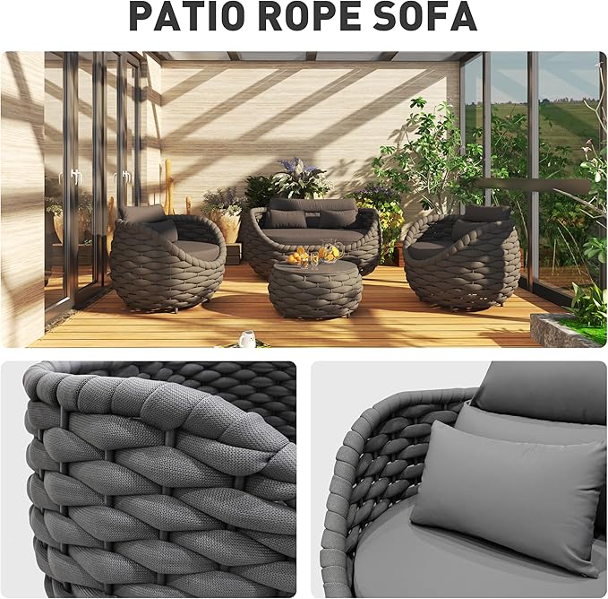 Patio Sofa Set for Outdoor and Indoor Use All-Weather Textilene 4 Pieces Conversation Set, Sectional Sofa and Coffee Table Aluminum Frame Garden Furniture (Dark Grey)
