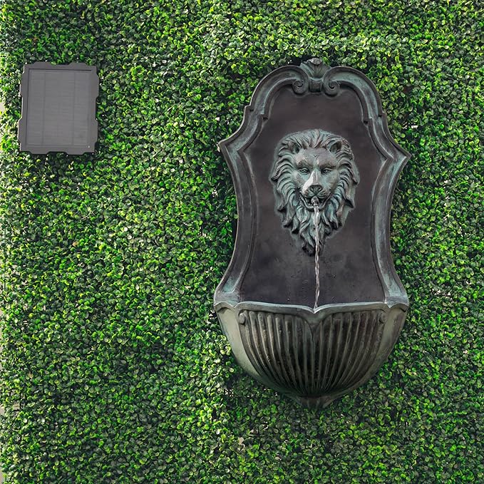 XBrand 29.9" Solar-Powered Wall-Mounted Lion Head Fountain, Resin, Outdoor, Gray