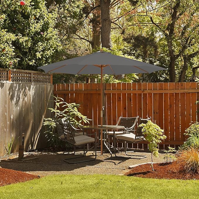 HAPPYGRILL 10 FT Wooden Patio Umbrella with Rope Pulley Lift, 8 Bamboo Ribs, 3 Adjustable Heights, Vented Roof, Outdoor Table Umbrella for Garden Poolside Backyard (Grey)