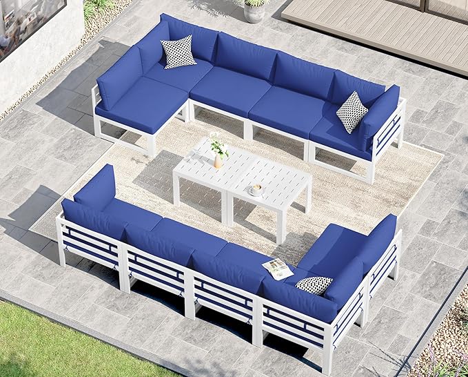 NICESOUL 12 Pcs Aluminum Patio Furniture Set for Large Groups, 500lbs Heavy Duty Outdoor Sectional Sofa with Coffee Table, L Shaped 29" Deep Wide Seating Conversation Couch for Garden Lawn, Navy Blue