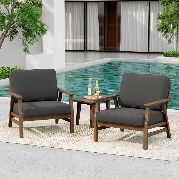 2 Piece Wood Patio Chair Outdoor Bistro Set, Outdoor Armrest Chair All Weather Patio Sofa Furniture Backyard Conversation Sets with Cushions, Dark Gray