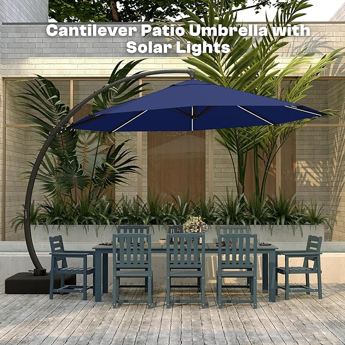 11FT Cantilever Patio Umbrella with Solar LED Lights and Base, 360 Rotating Offset Umbrella with Infinite Tilt, Heavy Duty Aluminum Frame, Outdoor Canopy for Patio, Pool, Backyard, Navy