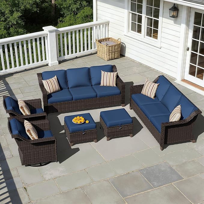 6 Pieces Patio Conversation Furniture Set - 2 Sofas, 2 Swivel Chairs, 2 Ottomansm, Outdoor Wicker Furniture with Removable Cushions for Porch, Balcony, Sunroom (Blue)