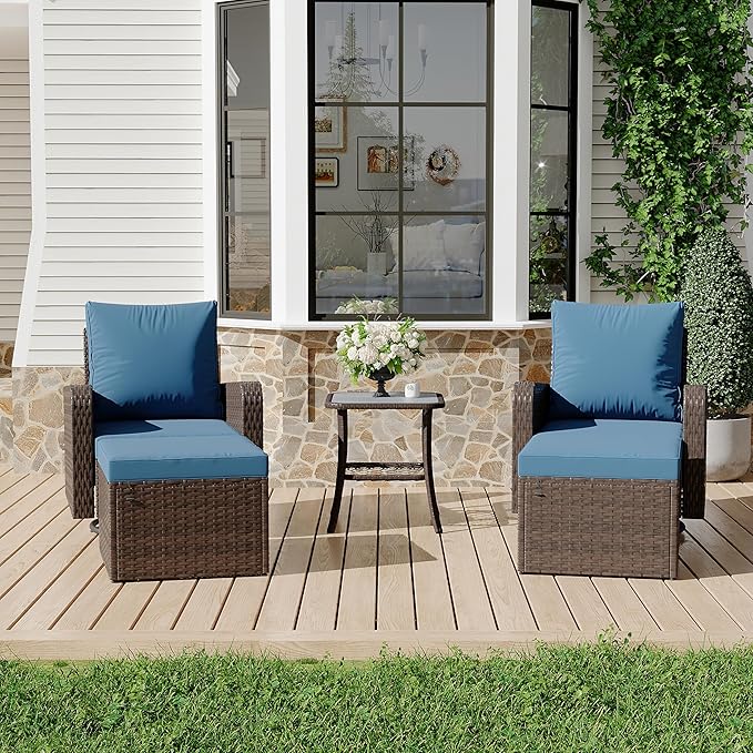 HOMREST 5 Piece Outdoor Patio Furniture Set-Wicker Swivel Chairs Set of 2 with 2 Ottoman, Coffee Table & Cushions Small Patio Furniture Set for Garden, Balcony (Navy)
