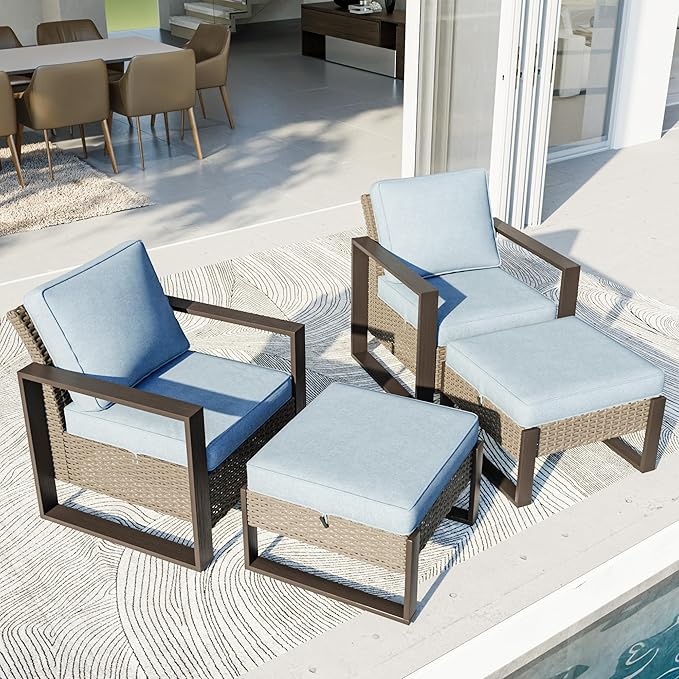 4 Piece Patio Furniture Set, Outdoor Wicker Chair and Ottoman, Metal Patio Furniture with Deep Seating, Thicken Cushions for Deck, Porch, Yard Use (Azure, 4 PCS/Chairs)
