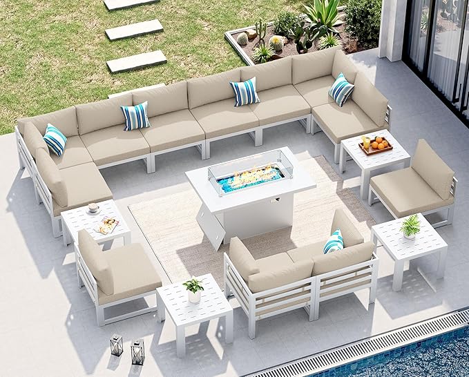 NICESOUL 17 Piece Oversized Modular Aluminum Outdoor Furniture Set with Fire Pit & Side Table, 29" Deep Wide Sectional Seating, 500 lbs High Weight Capacity Patio Conversation Set for Garden, Beige
