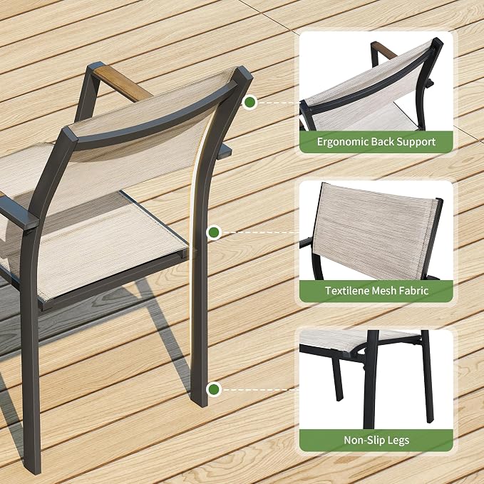 Outdoor Patio Dining Chairs Set of 4, Light Weight Aluminum Frame with Textilene Fabric & Wood-like Armrest, 275 LBS Capacity, Outdoor Stackable Chairs for Poolside Lawn Garden, Brown Armrest