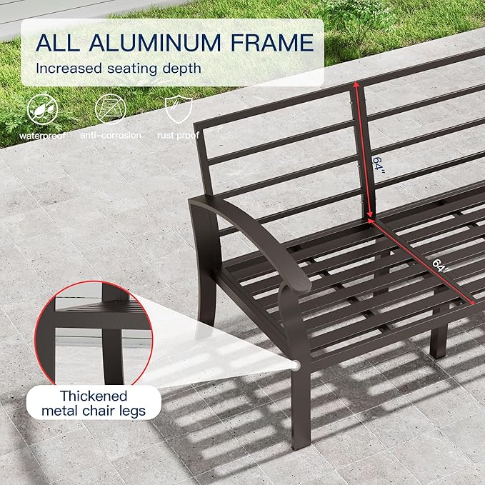 Kullavik Aluminum Patio Furniture Set,7 Pieces 10 Seat Metal Outdoor Furniture Conversation Set w/5.1" Cushions,Swivel Rocking Chairs Set,Grey
