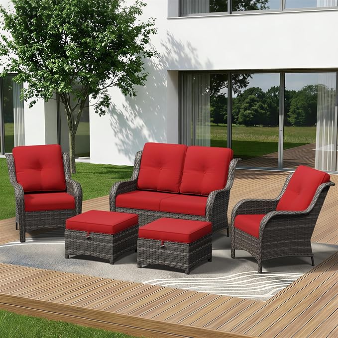 5 Piece Outdoor Wicker Patio Furniture Set, Patio Chairs Set with Thickened Olefin Cushions, High Back and Deep Seating, Hand-Woven PE Rattan, Ottoman for Porch, Deck