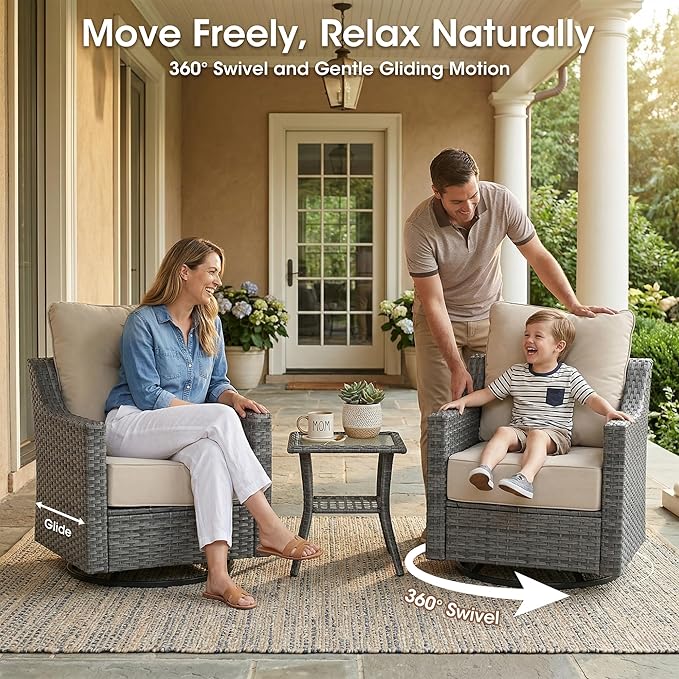 12 Piece Patio Furniture Set, Grey Wicker Outdoor Conversation Set with 4 Swivel Rocker Chairs, 4 Ottomans, 2 Sofas and 2 Side Tables, 6-Inch Thick Cushions, Beige Covers for Porch, Deck