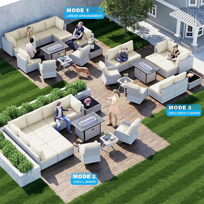 13-Piece Patio Furniture Set, Outdoor Patio Furniture with Swivel Chairs Set, Ottomans, 55,000 BTU Fire Pit Table, Modular Patio Sofa, Dual-Strand Wicker Rattan, Rust-Resistant Frame, Ivory
