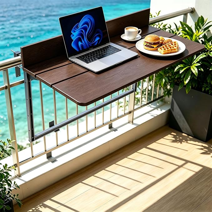 Balcony Bar Table for Railings, Outdoor Hanging Folding Adjustable Height Deck Rail Table for Patio, Garden, Rustproof Aluminum Alloy Frame,Weather Resistant, Easy Assembly