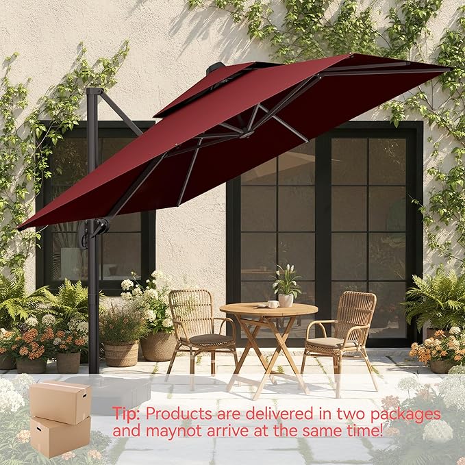 10x10 FT Patio Umbrella with Base, Large Cantilever Double Top Heavy Duty Offset Umbrellas with 360° Rotation, Outdoor shade for Garden Deck Pool, Red