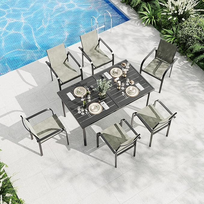 Garvee 7 Piece Patio Dining Set, Outdoor Furniture with 55" Rectangular Iron Table & 6 Textilene Chairs, All Weather Wood-Grain Finish, Suitable for Backyard, Garden, Poolside
