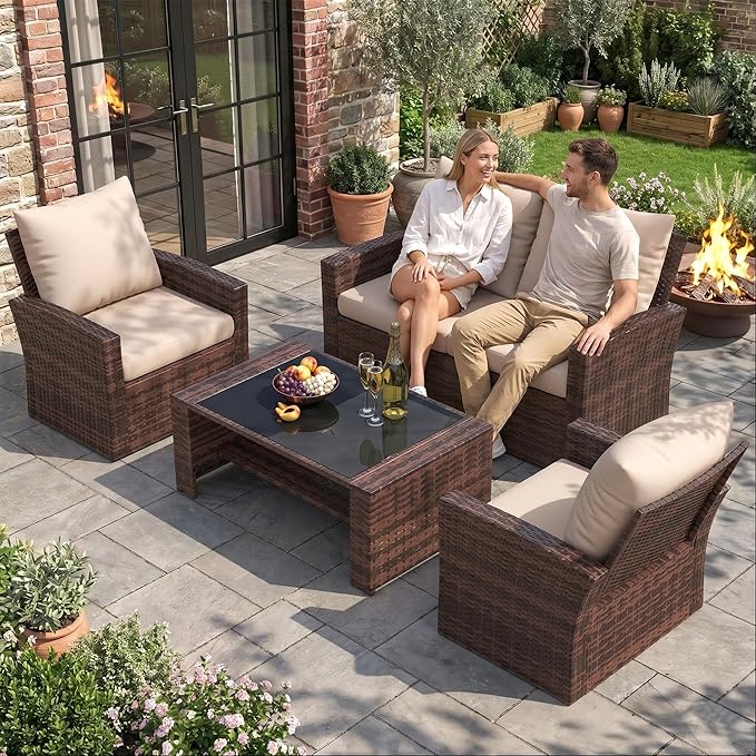 UDPATIO Patio Furniture Set, Outdoor Furniture Sets with Loveseats Sofa, Wicker Rattan Outdoor Conversation Set with Storage CoffeeTable for Backyard, Deck, Porch,Brown/Grey