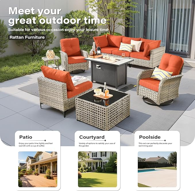 9 Pieces Outdoor Sectional Patio Furniture Set with 42" Fire Pit,Conversation Sets Rattan Wicker L Shaped Couch Swivel Rocking Chairs,Modular Outdoor Sofa for Porch Balcony Backyard Orange