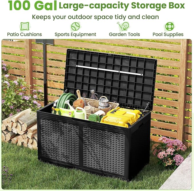 Giantex 100 Gallon Resin Outdoor Storage Box, Waterproof Deck Box w/Lockable Lid & Wheels, Rattan Storage Container Bench for Patio Cushions, Pool Accessories, Gardening Tools, 440 lbs (Black)