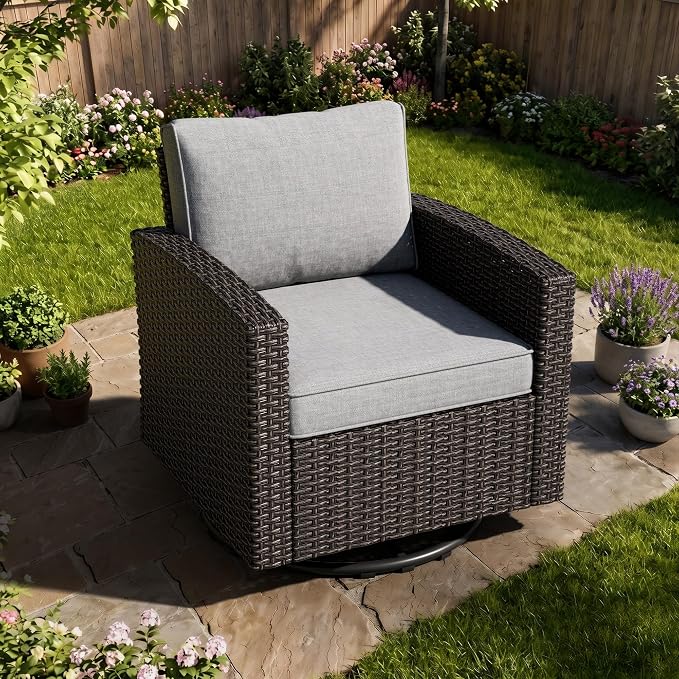 WWR Patio Furniture Set-30% Thicker Wicker-Luxury 1 Piece PatioWicker Outdoor Patio Conversation Set with Extra Wide & Thick Cushions, Swivel Rocking Chairs for Backyard, Porch & Deck