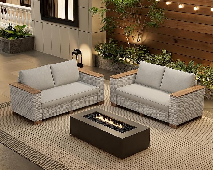 PaPaJet 4 Piece Outdoor Patio Furniture Set, Rattan Wicker Sofa Set, Patio Conversation Sets with Washable Cushions for Lawn Backyard Garden, Beige(63" x2)