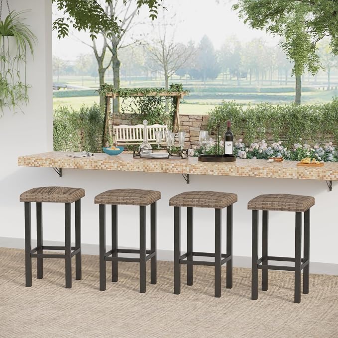 Sophia & William Outdoor Patio Bar Stools Set of 4, Counter Height Backless Rattan Wicker Bar Chairs with Adjustable Feet Mats, Patio Furniture with Metal Frame for Patio Kitchen Dining, 26.4" H