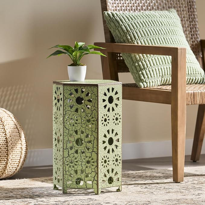 Iron Patio Side Table with Sunburst Cut Out Design 14"x22"Hexahedron Outdoor End Table Lightweight Barrel Accent Table for Garden Pool Deck Balcony Weather Resistant Easy to Move,Green