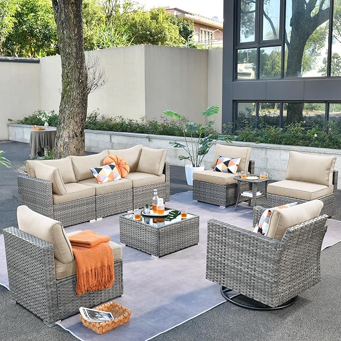 ovios Outdoor 9 Piece Coversation Set with Swivel Rocking Chair,Sectional Patio Furniture Set with All-Weather Wicker Sofa,Modern Outside Couch for Balcony Backyard Pool, Beige