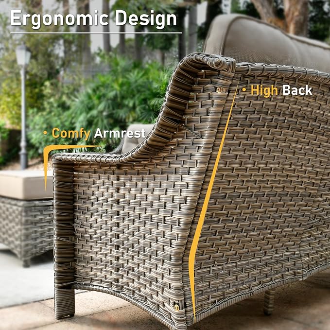 HOOOWOOO Patio Couch,Outdoor Wicker 3 Seater Sofa,All Weather Resistant High Back Rattan Deck Matching Furniture(Beige Tan)