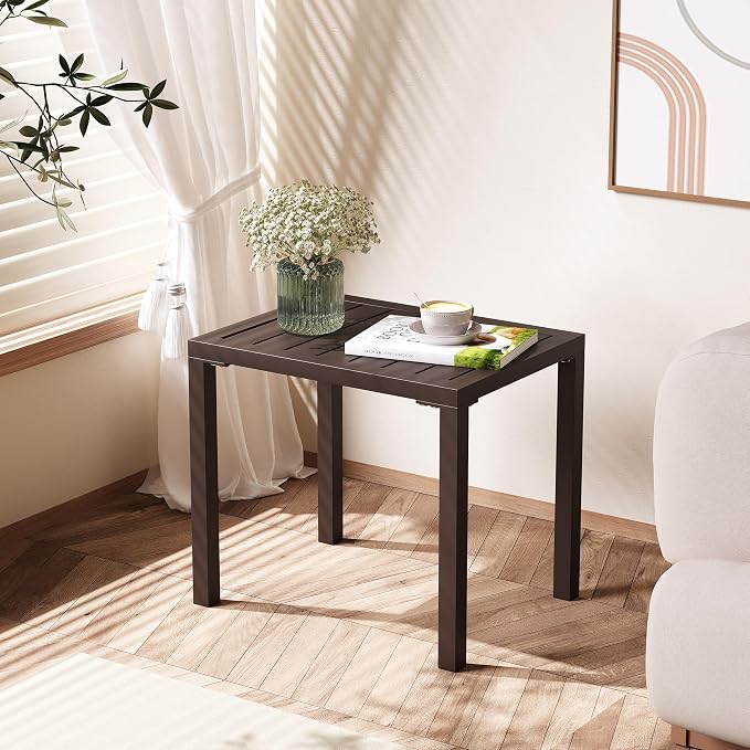 Crestlive Products Outdoor Side Table,Aluminum Rectangular Side/End Table, Small Patio Coffee Bistro Table for Outdoor Indoor (Brown)