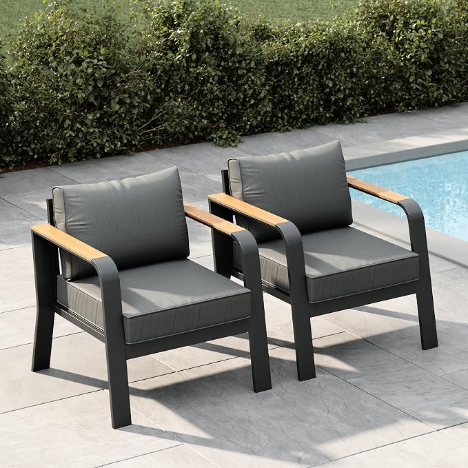Garvee Aluminum Outdoor Patio Furniture 2 Pcs Single Cushioned Sofa Armchair All-Weather Metal Outside Furniture with Washable Thick Cushion Outdoor Sofa for Garden Balcony Deck Backyard, Dark Grey