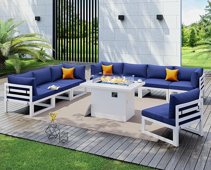 NICESOUL 9 Piece Modern Aluminum Patio Furniture Set with Fire Pit Table, 500 lbs Heavy Duty Outdoor Sectional Sofa, 29" Deep Wide Oversized Seating Conversation Couch for Garden Exterior, Navy Blue