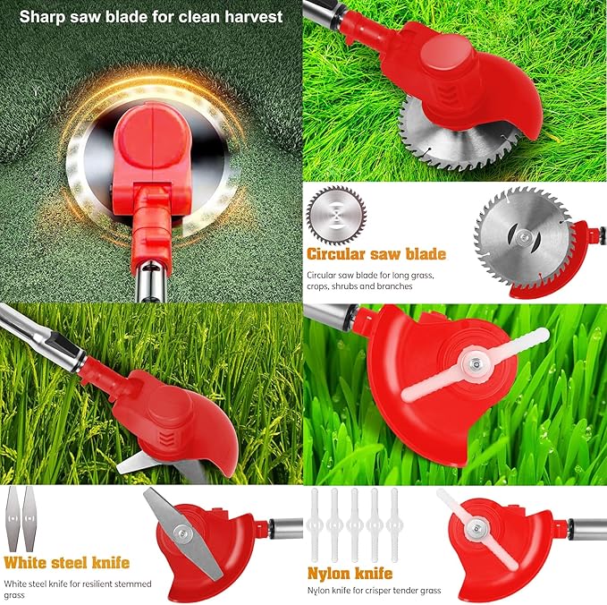 Cordless Weed Wacker, Electric Grass Trimmer 12V 2.0Ah Battery Powered Weed Trimmer, 3 in 1 Stringless Lightweight Brush Cutter/Edger/Mower with 3 Types Blade for Garden and Yard Lawn Care (Orange)