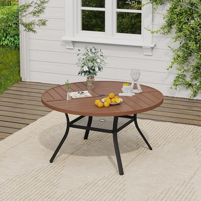 VICLLAX Round Outdoor Patio Dining Set for 6, Metal Slatted Patio Table with Umbrella Hole and 6 Stackable Patio Chairs for Deck Lawn Garden, Black Fabric and Walnut Tabletop